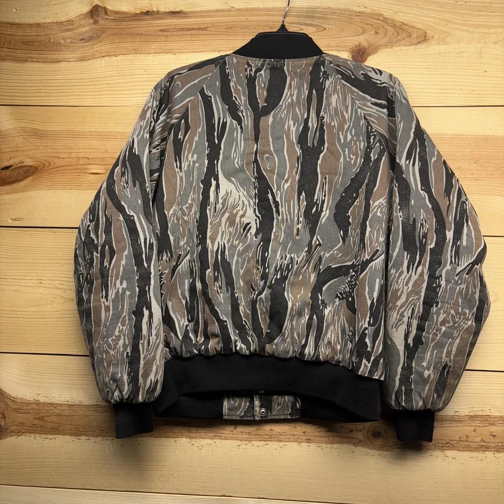 Vintage Viking Bomber Jacket Mens Medium Brown Tiger Stripe Camo Quilted Hunting